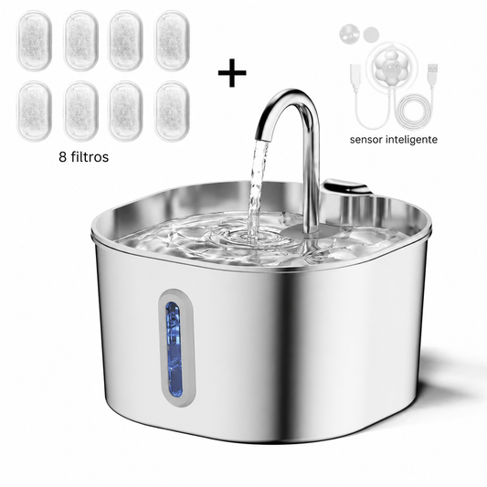 Fuente de agua para gatos de acero inoxidable, 2,2 L, dispensador de agua para mascotas con filtro, bebedero para perros y gatos con bomba de agua ultrasilenciosa.