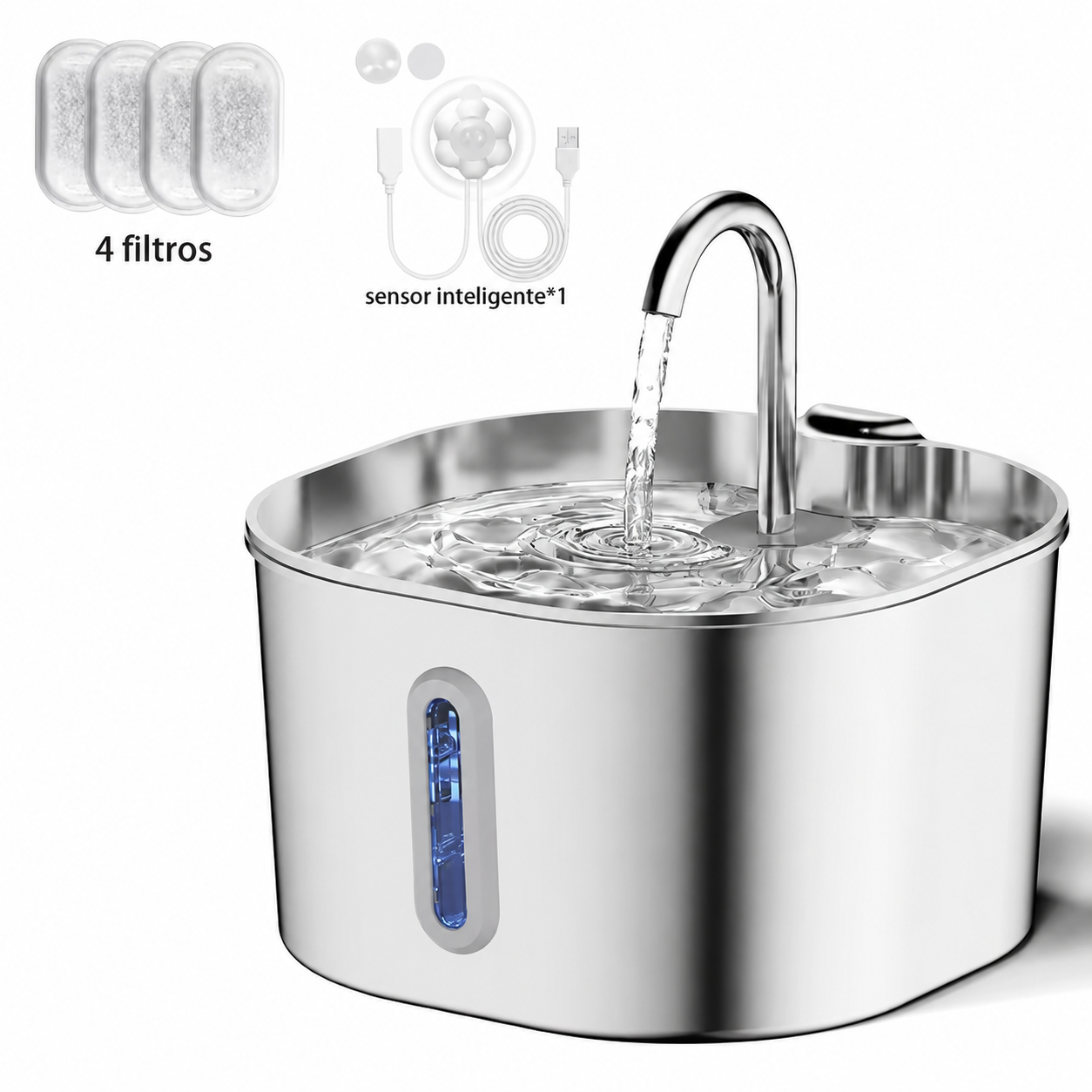 Fuente de agua para gatos de acero inoxidable, 2,2 L, dispensador de agua para mascotas con filtro, bebedero para perros y gatos con bomba de agua ultrasilenciosa.