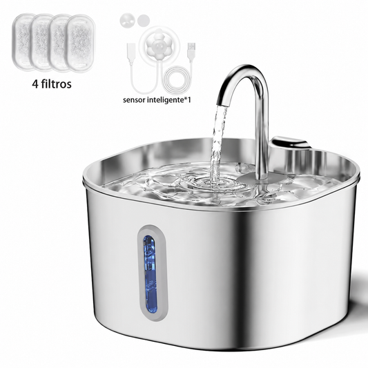 Fuente de agua para gatos de acero inoxidable, 2,2 L, dispensador de agua para mascotas con filtro, bebedero para perros y gatos con bomba de agua ultrasilenciosa.