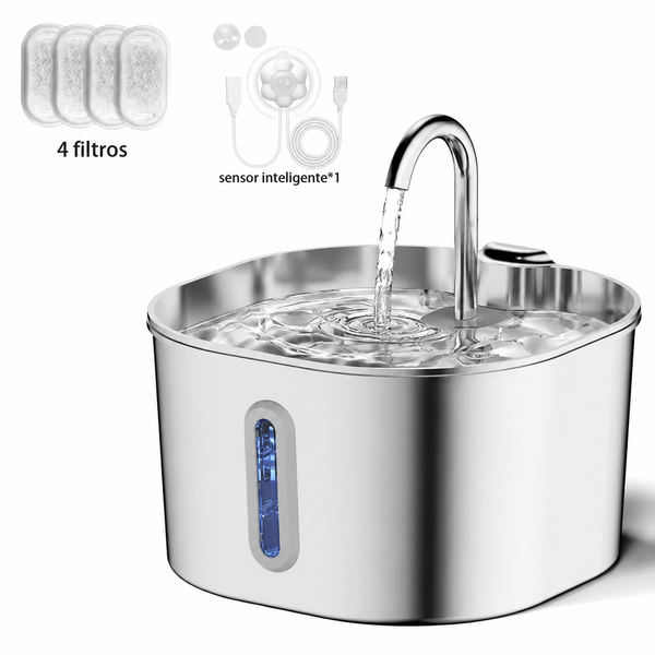 Fuente de agua para gatos de acero inoxidable, 2,2 L, dispensador de agua para mascotas con filtro, bebedero para perros y gatos con bomba de agua ultrasilenciosa.