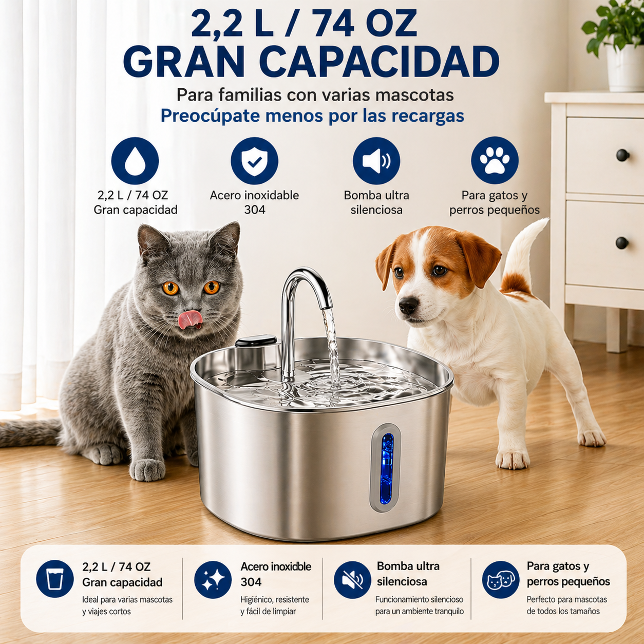 Fuente de agua para gatos de acero inoxidable, 2,2 L, dispensador de agua para mascotas con filtro, bebedero para perros y gatos con bomba de agua ultrasilenciosa.