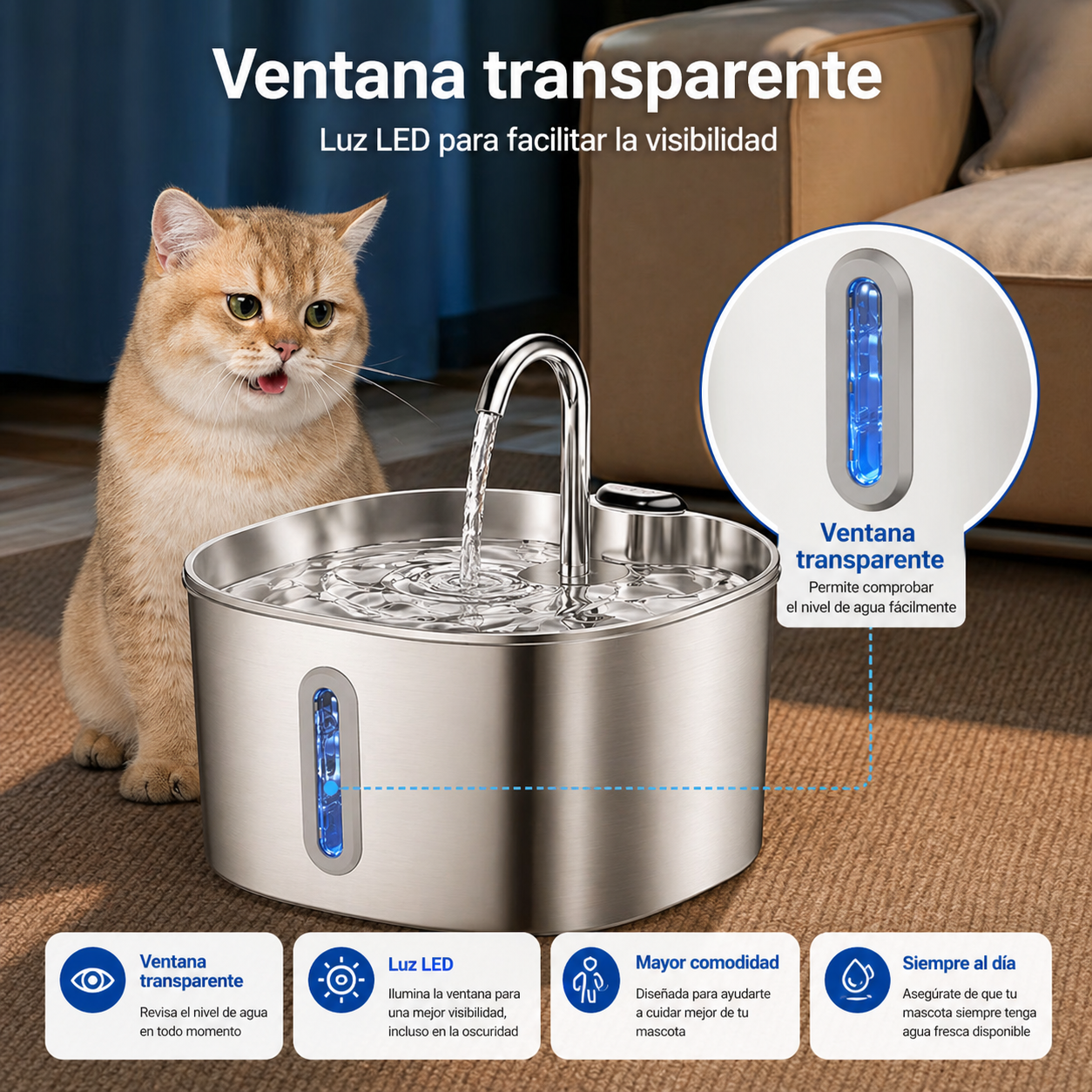 Fuente de agua para gatos de acero inoxidable, 2,2 L, dispensador de agua para mascotas con filtro, bebedero para perros y gatos con bomba de agua ultrasilenciosa.