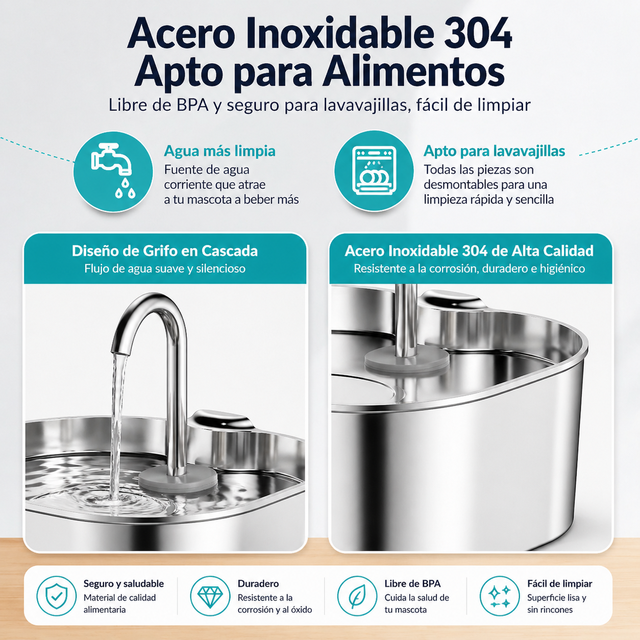 Fuente de agua para gatos de acero inoxidable, 2,2 L, dispensador de agua para mascotas con filtro, bebedero para perros y gatos con bomba de agua ultrasilenciosa.