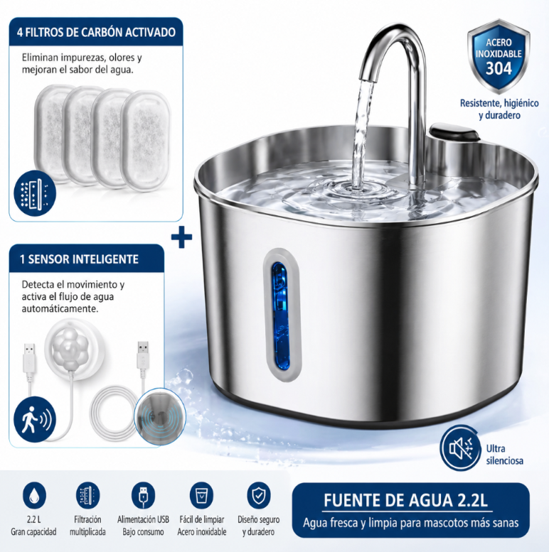 Fuente de agua para gatos de acero inoxidable, 2,2 L, dispensador de agua para mascotas con filtro, bebedero para perros y gatos con bomba de agua ultrasilenciosa.