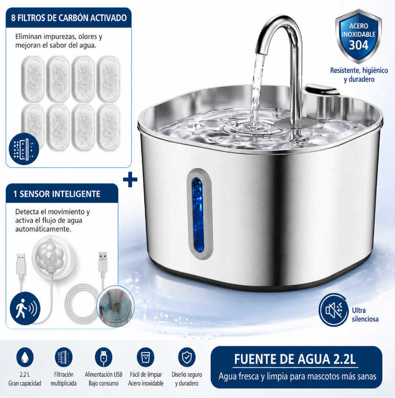 Fuente de agua para gatos de acero inoxidable, 2,2 L, dispensador de agua para mascotas con filtro, bebedero para perros y gatos con bomba de agua ultrasilenciosa.